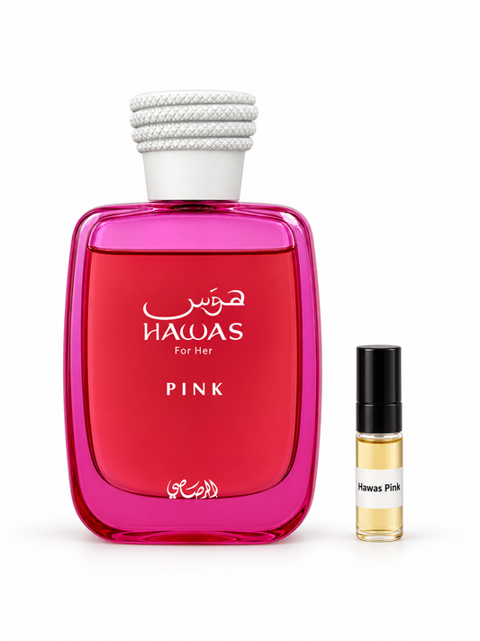 Rasasi Hawas Pink fragrance bottle and black-capped sample vial on white