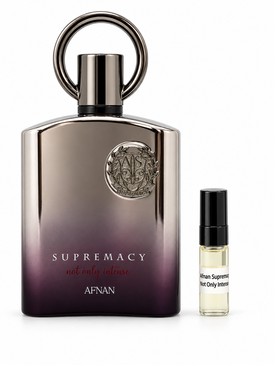 Afnan Supremacy Not Only Intense fragrance bottle and black-capped sample vial on white