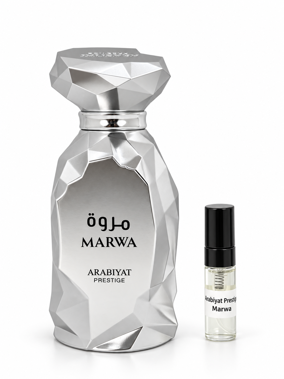 Arabiyat Prestige Marwa fragrance bottle and black-capped sample vial on white