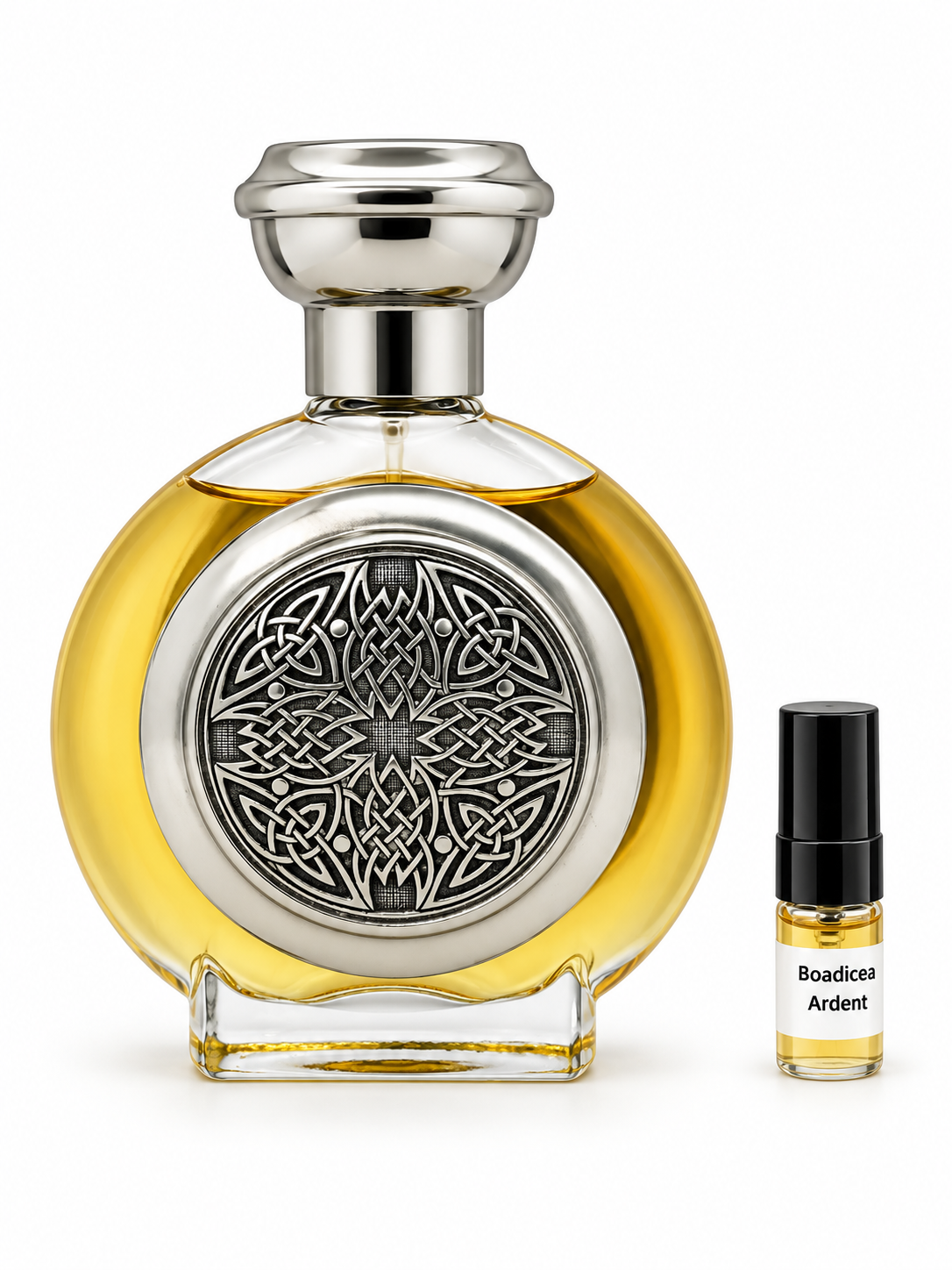 Boadicea the Victorious Ardent fragrance bottle and black-capped sample vial on white