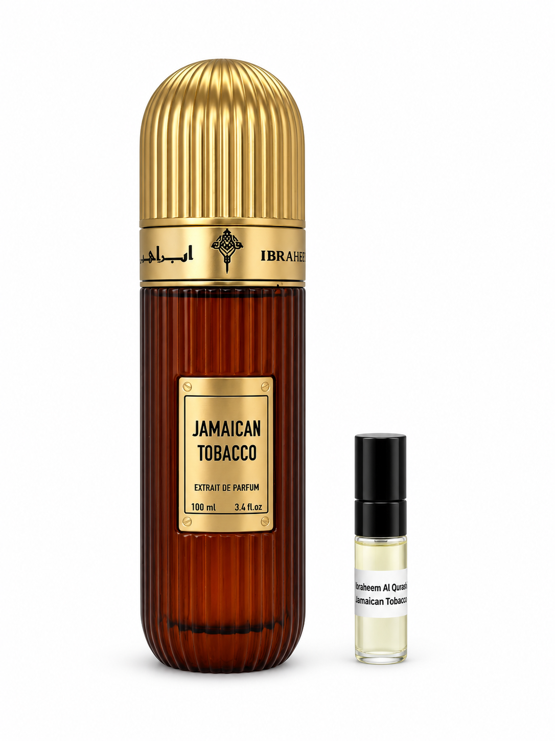Ibrahim Al Qurashi Jamaican Tobacco fragrance bottle and black-capped sample vial on white