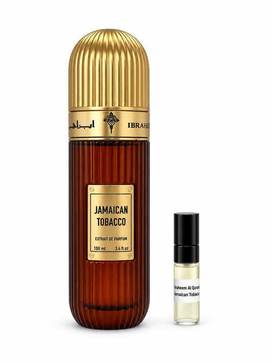 Ibrahim Al Qurashi Jamaican Tobacco fragrance bottle and black-capped sample vial on white