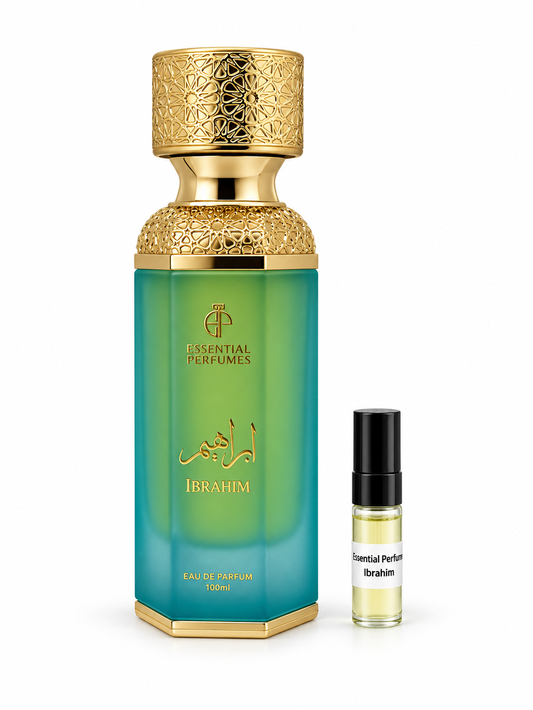 Essential Perfume Ibrahim fragrance bottle and black-capped sample vial on white