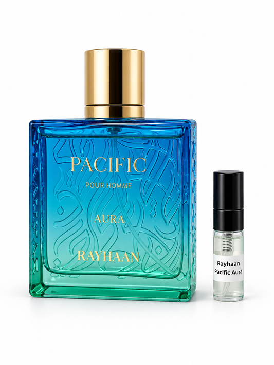 Rayhaan Pacific Aura fragrance bottle and black-capped sample vial on white