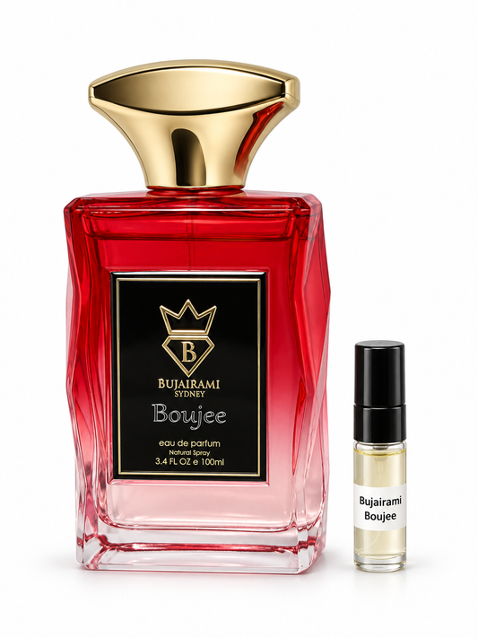 Bujairami Boujee fragrance bottle and black-capped sample vial on white