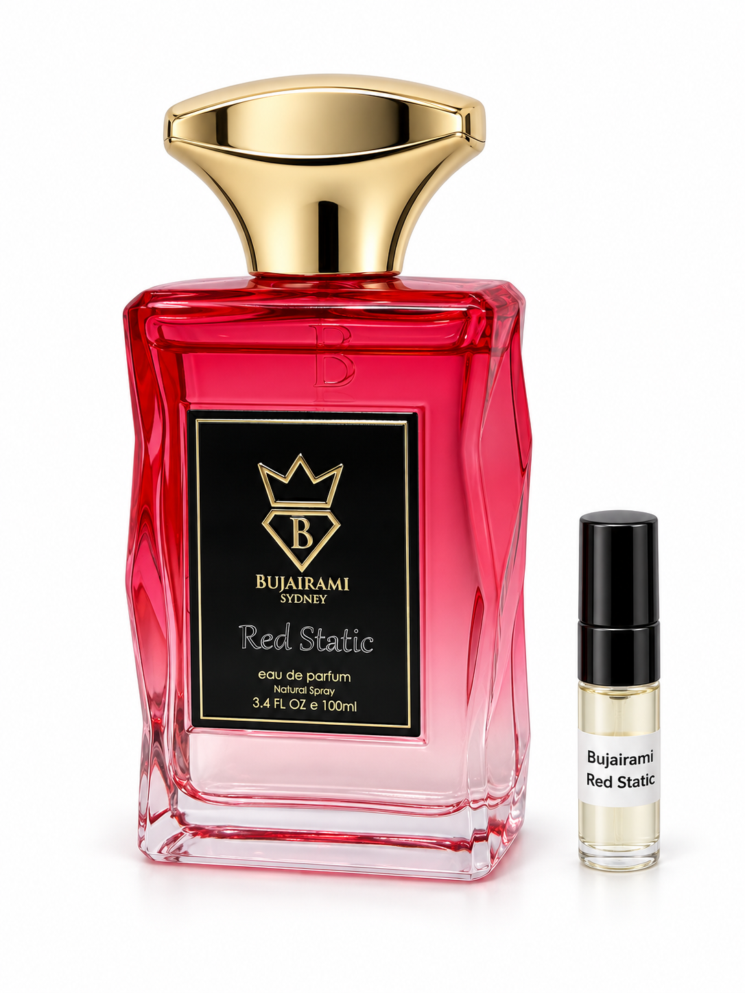 Bujairami Red Static fragrance bottle and black-capped sample vial on white