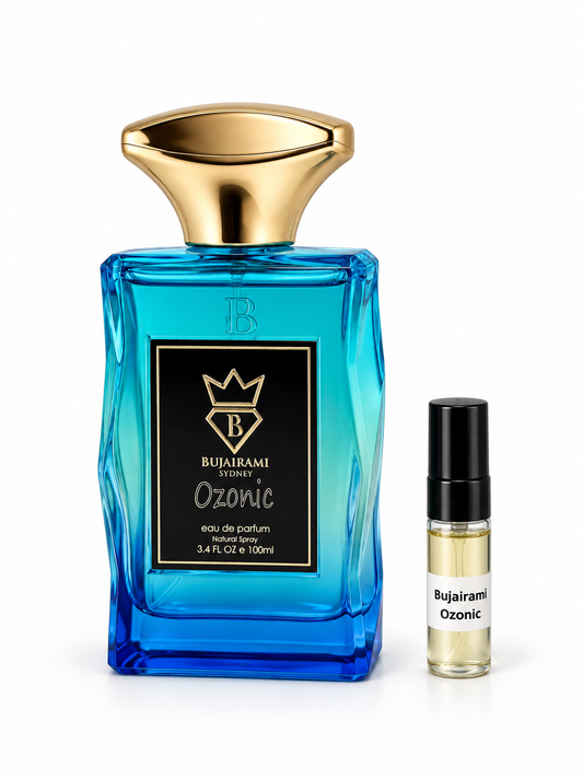Bujairami Ozonic fragrance bottle and black-capped sample vial on white