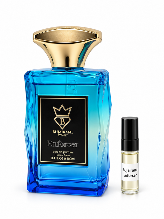 Bujairami Enforcer fragrance bottle and black-capped sample vial on white