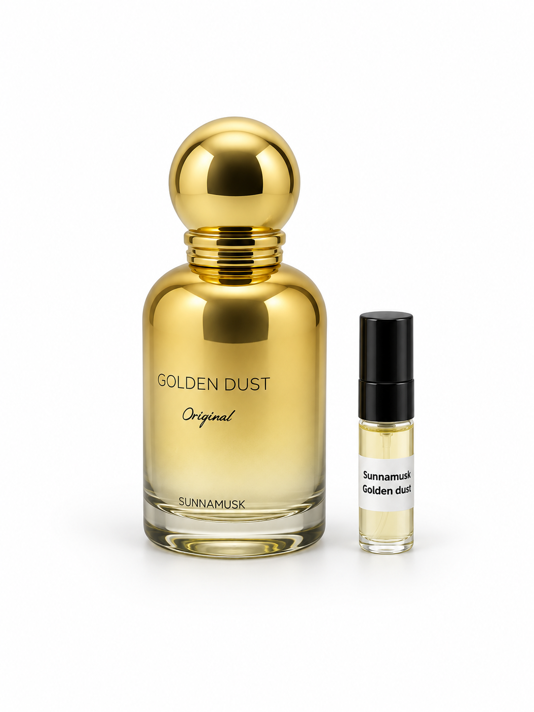 Sunnamusk Golden Dust fragrance bottle and black-capped sample vial on white