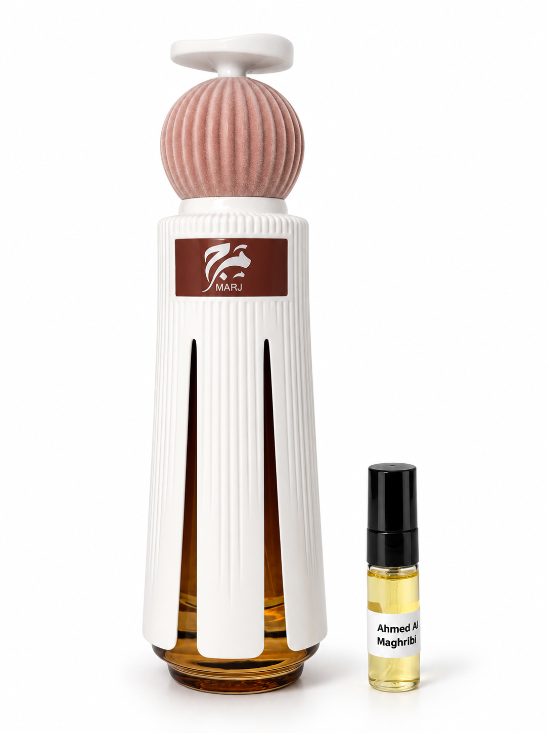 Ahmed Al Maghribi Marj fragrance bottle and black-capped sample vial on white