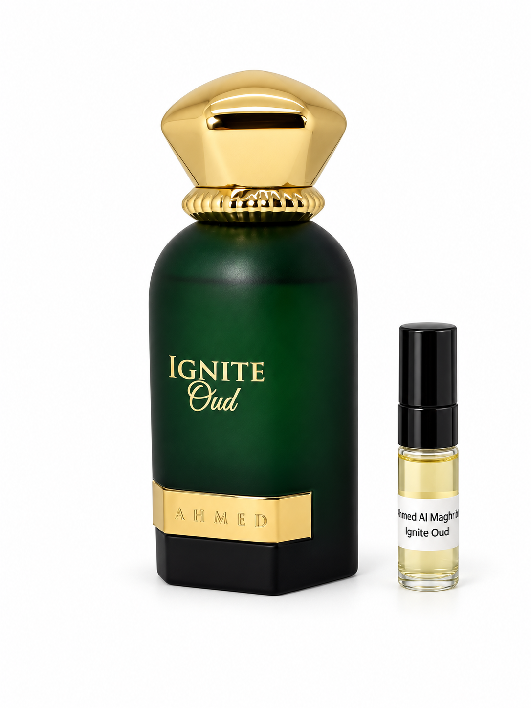 Ahmed Al Maghribi Ignite Oud fragrance bottle and black-capped sample vial on white