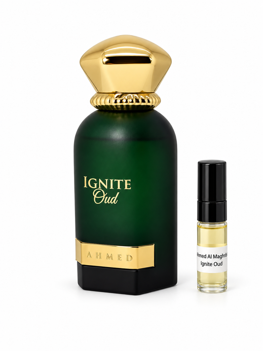 Ahmed Al Maghribi Ignite Oud fragrance bottle and black-capped sample vial on white