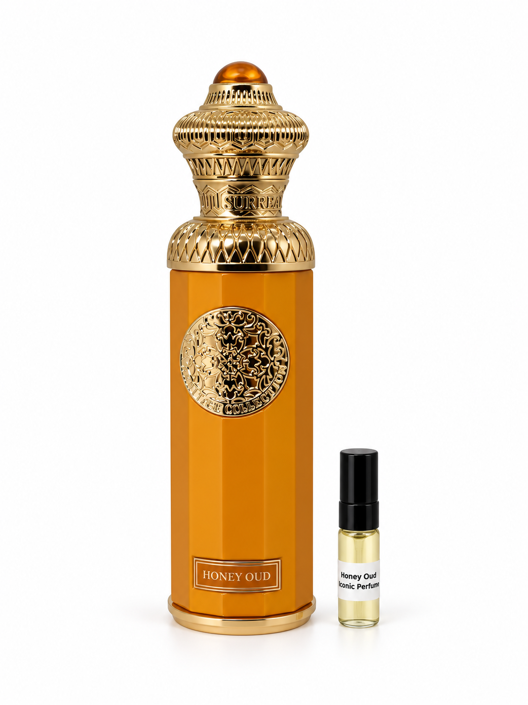 Surrati Honey Oud fragrance bottle and black-capped sample vial on white