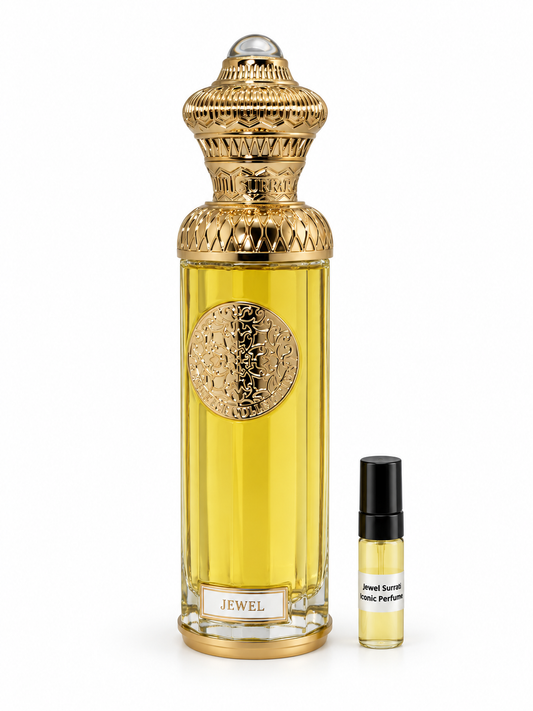 Surrati Jewel fragrance bottle and black-capped sample vial on white