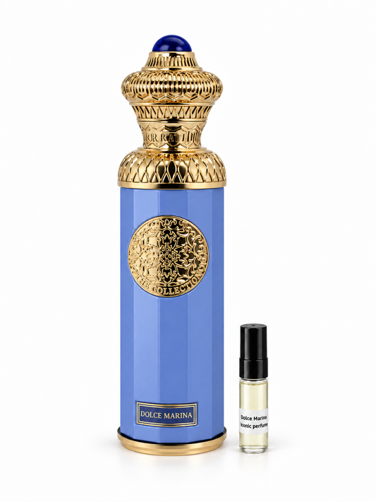 Surrati Dolce Marina fragrance bottle and black-capped sample vial on white