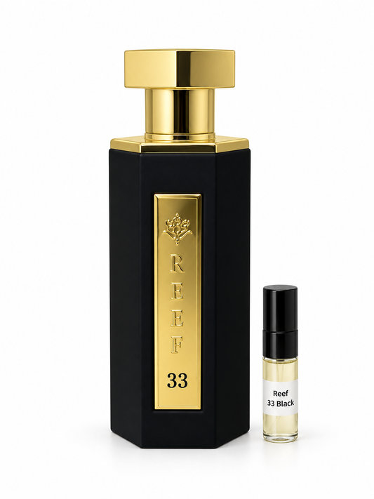 Reef 33 Black fragrance bottle and black-capped sample vial on white