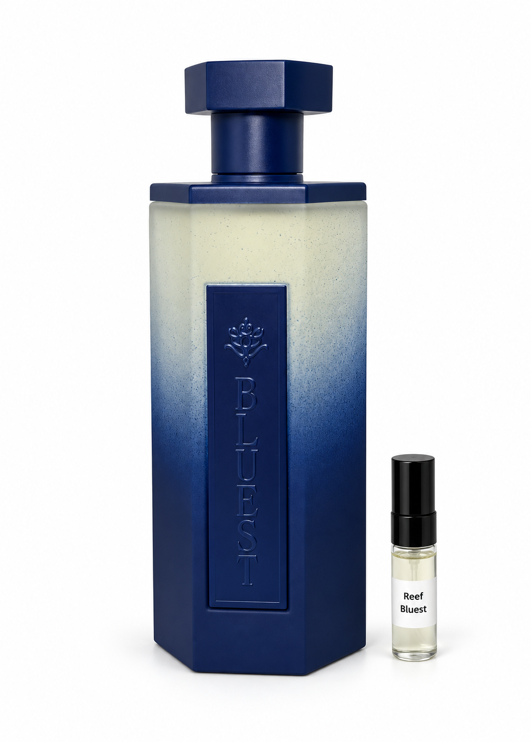 Reef Bluest fragrance bottle and black-capped sample vial on white