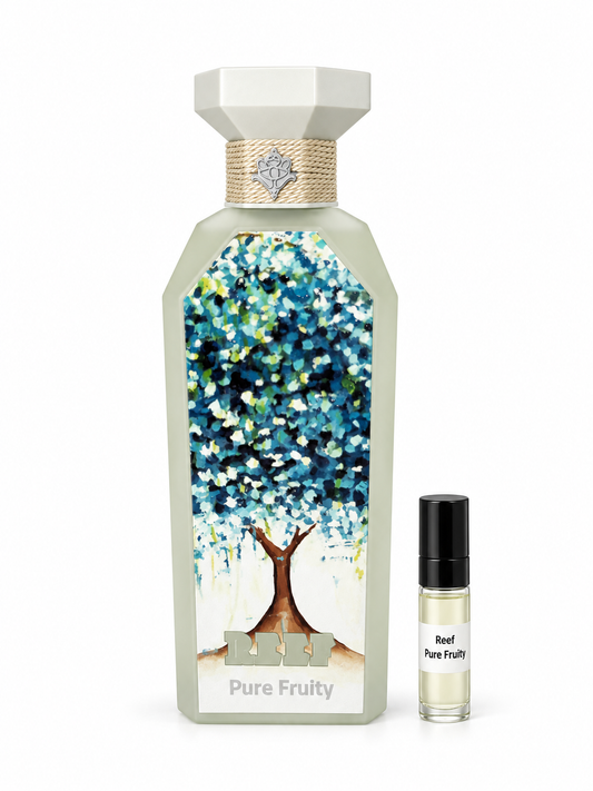 Reef Pure Fruity fragrance bottle and black-capped sample vial on white