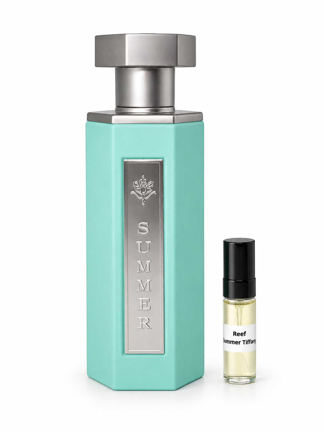 Reef Summer Tiffany fragrance bottle and black-capped sample vial on white