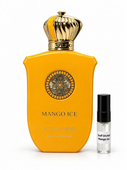Gulf Orchid Mango Ice fragrance bottle and black-capped sample vial on white