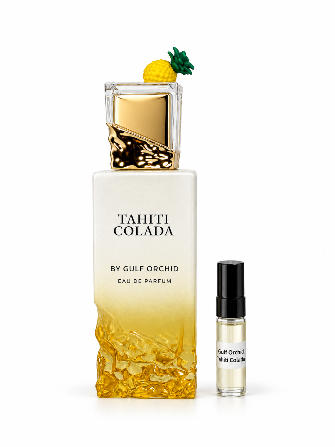 Gulf Orchid Tahiti Colada fragrance bottle and black-capped sample vial on white