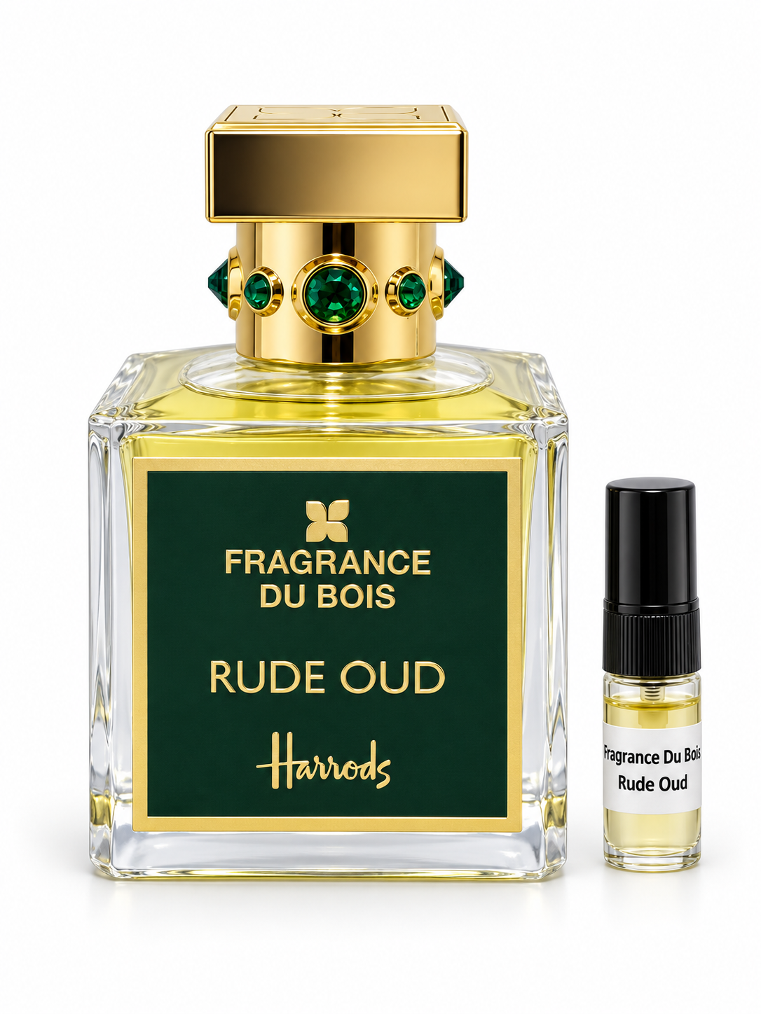 Fragrance Du Bois Rude Oud fragrance bottle and black-capped sample vial on white