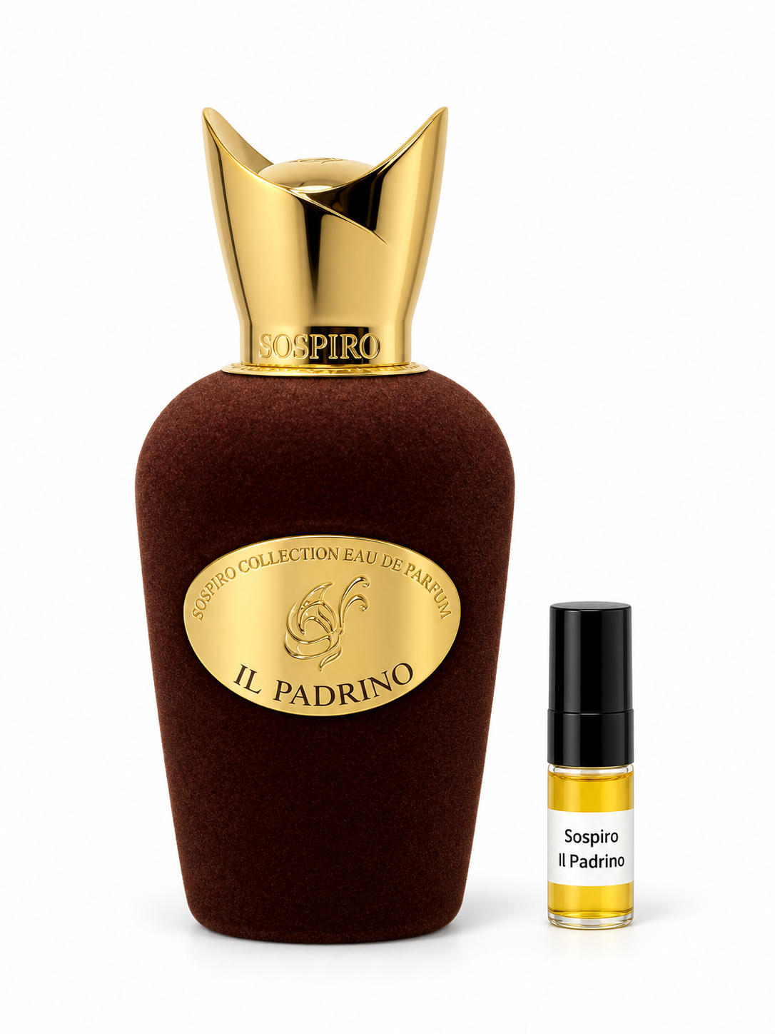 Sospiro IL Padrino fragrance bottle and black-capped sample vial on white