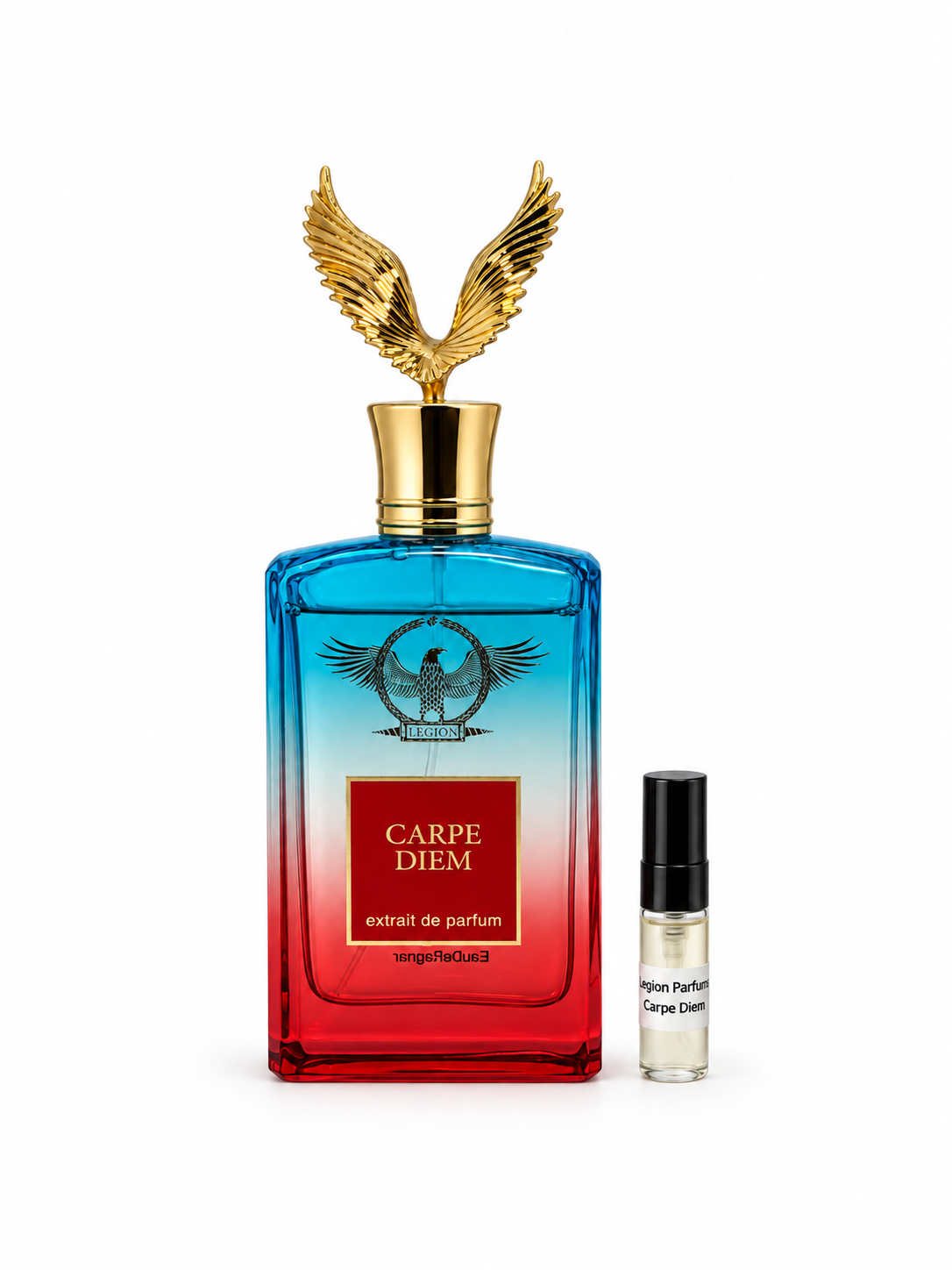 Legion Parfums Carpe Diem fragrance bottle and black-capped sample vial on white