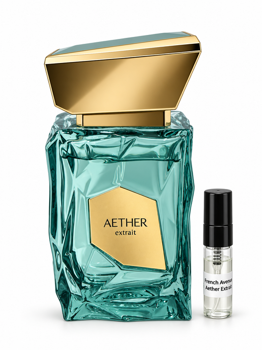 French Avenue Aether Extrait fragrance bottle and black-capped sample vial on white