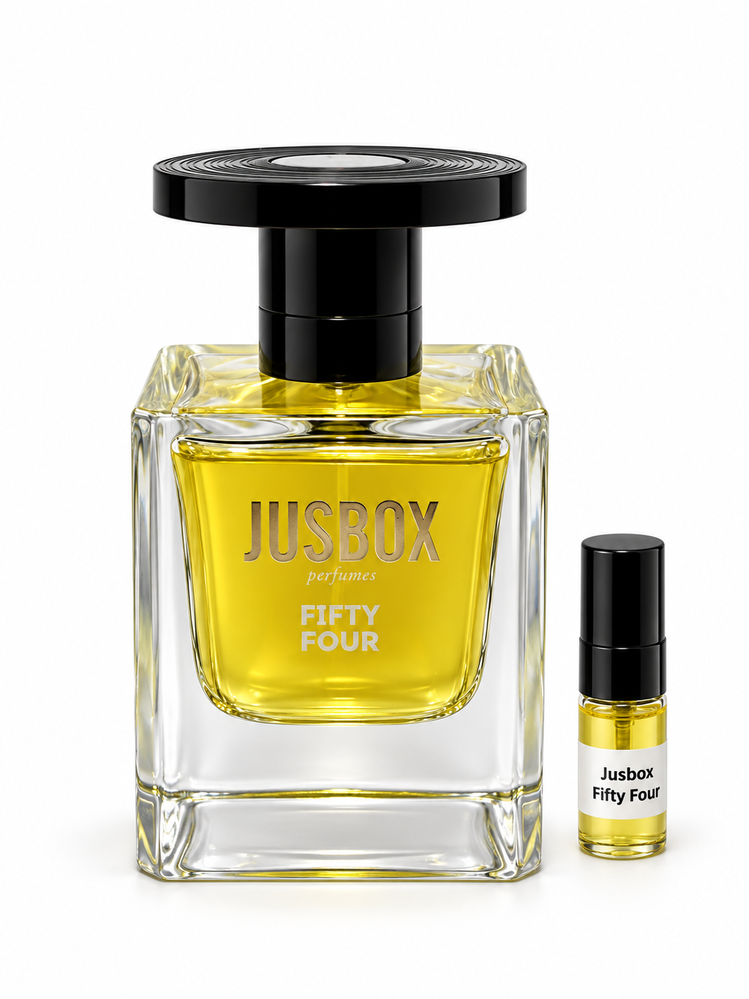 Jusbox Fifty Four 54 fragrance bottle and black-capped sample vial on white