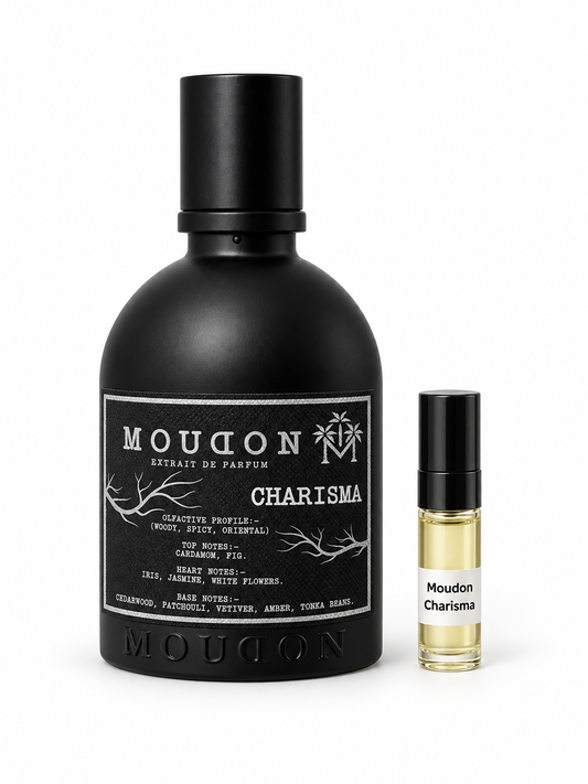 Moudon Charisma fragrance bottle and black-capped sample vial on white
