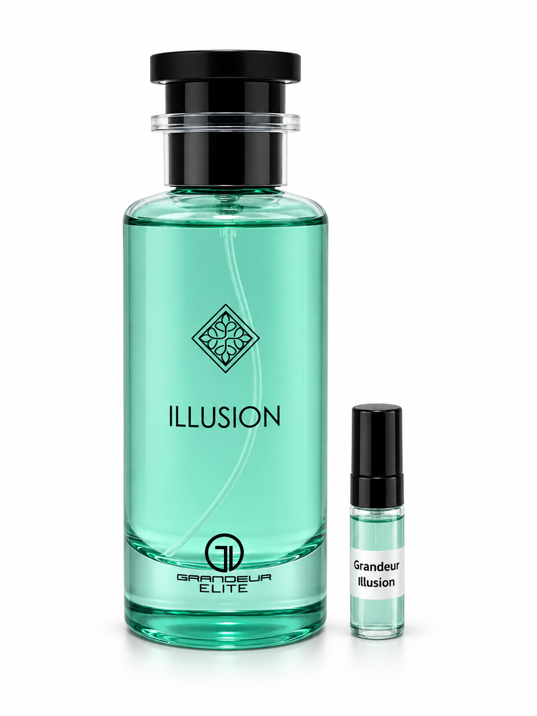 Grandeur Elite Illusion fragrance bottle and black-capped sample vial on white