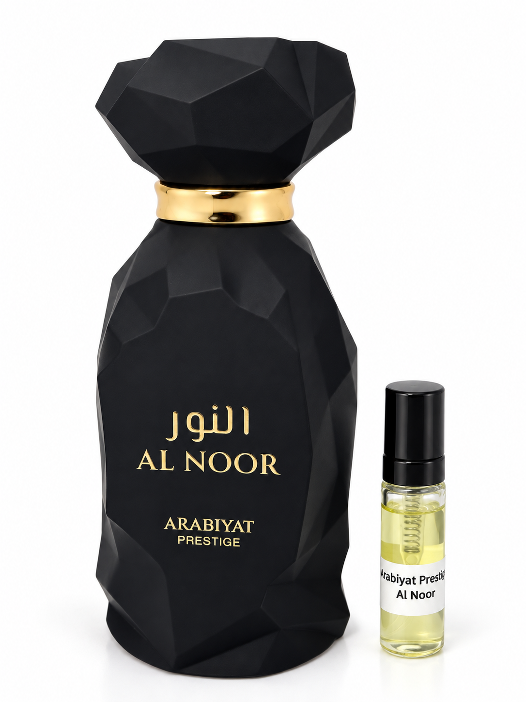 Arabiyat Prestige Al Noor fragrance bottle and black-capped sample vial on white