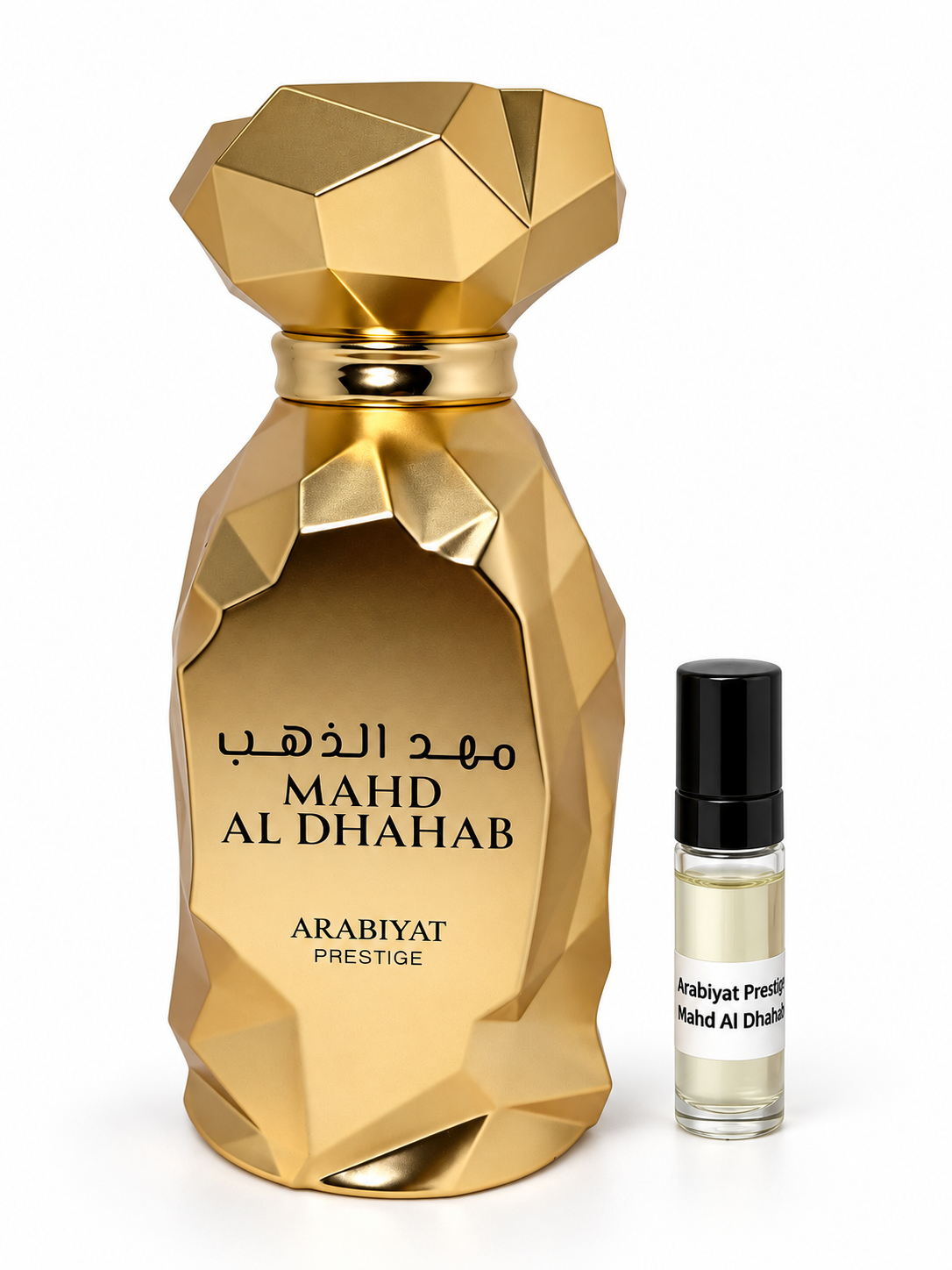 Arabiyat Prestige Mahd Al Dhahab fragrance bottle and black-capped sample vial on white