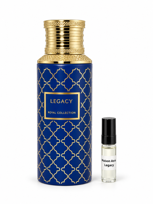 Maison Asrar Legacy fragrance bottle and black-capped sample vial on white