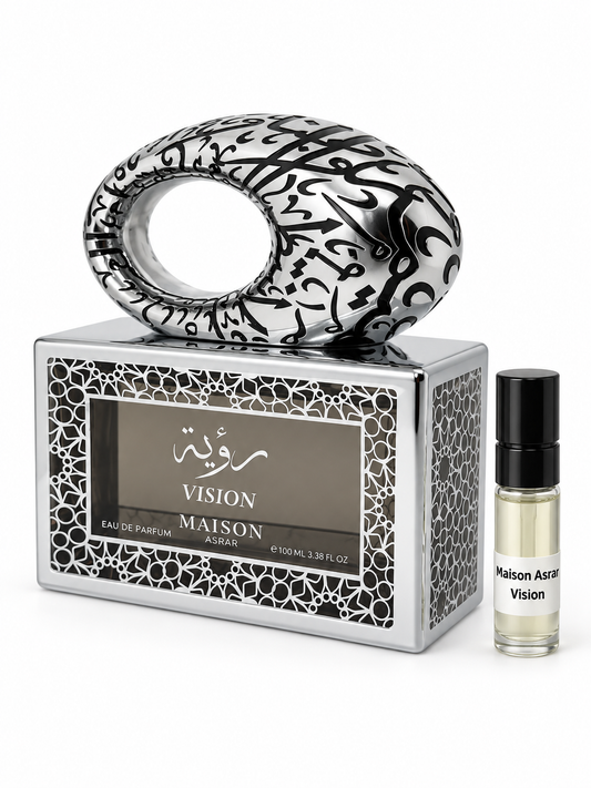 Maison Asrar Vision fragrance bottle and black-capped sample vial on white