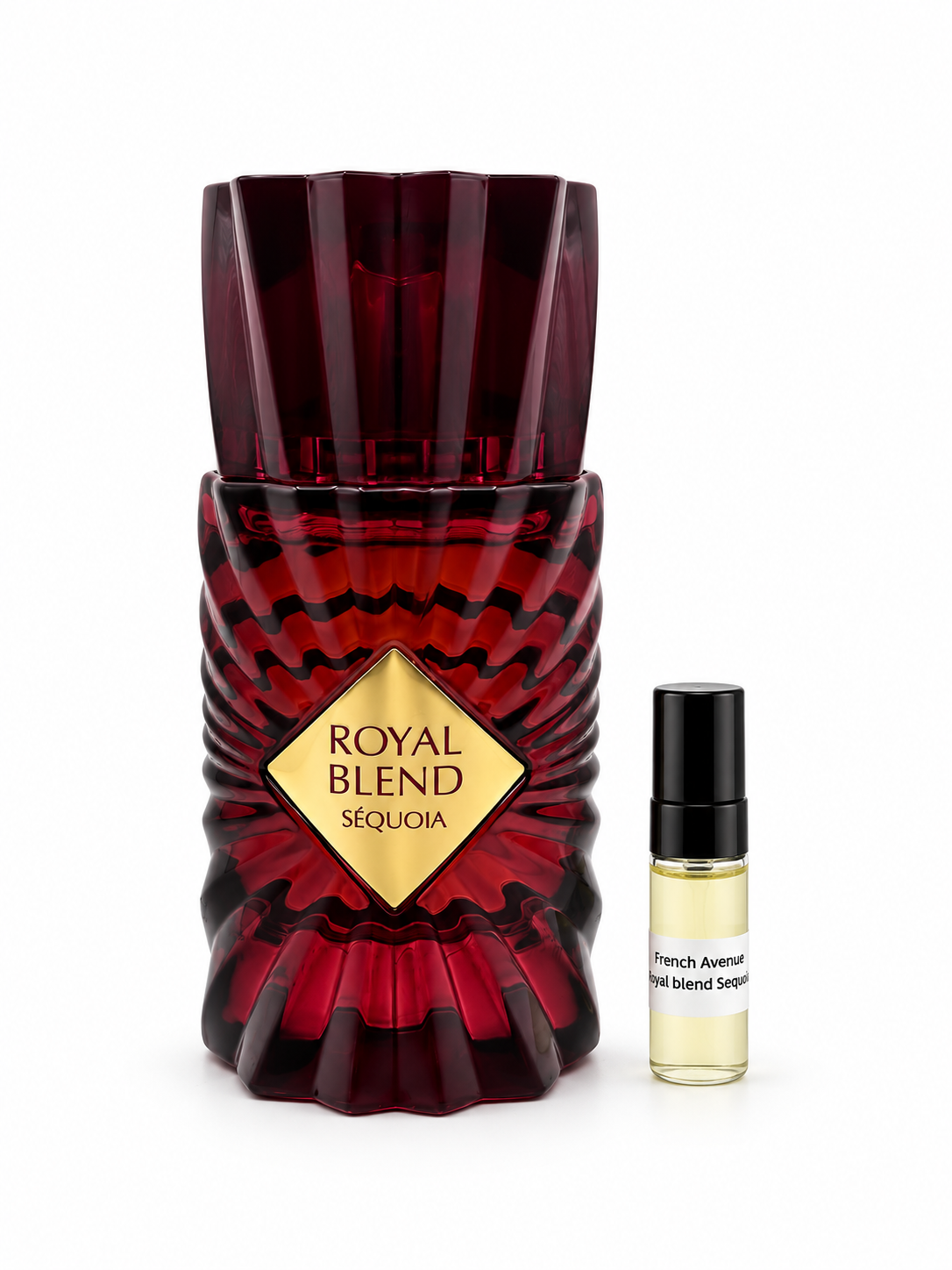 French Avenue Royal Blend Sequoia fragrance bottle and black-capped sample vial on white