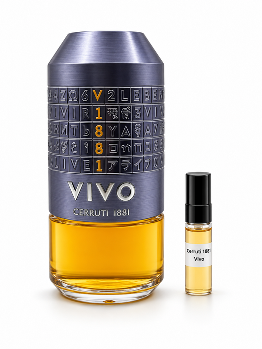 Cerruti 1881 Vivo fragrance bottle and black-capped sample vial on white