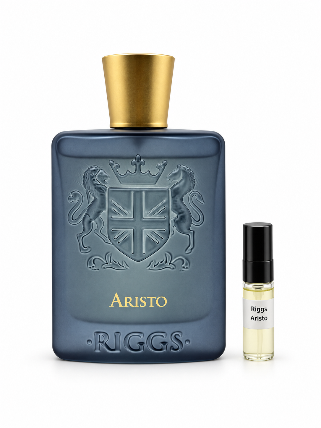 Riggs Aristo fragrance bottle and black-capped sample vial on white
