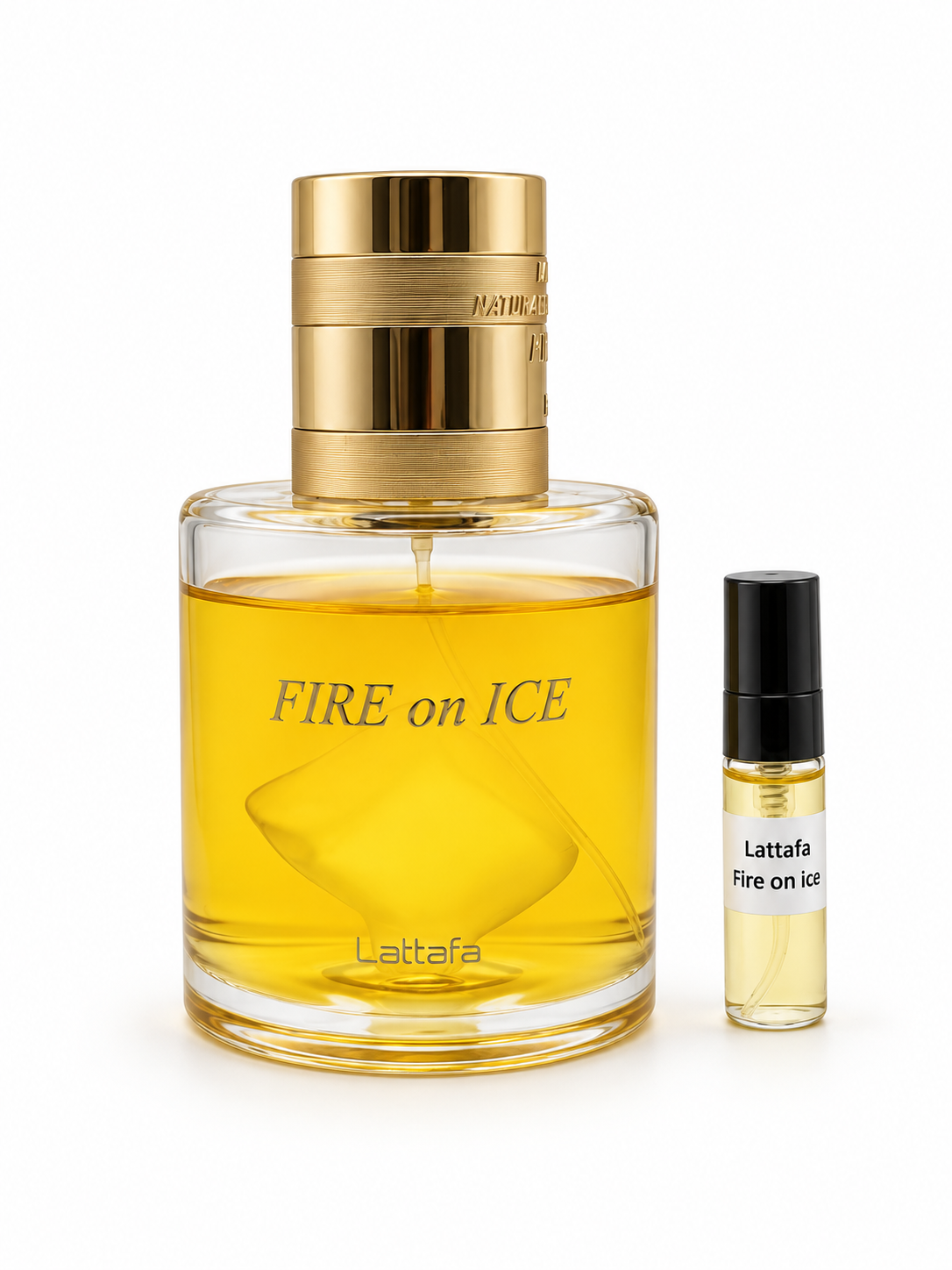 Lattafa Fire On Ice fragrance bottle and black-capped sample vial on white