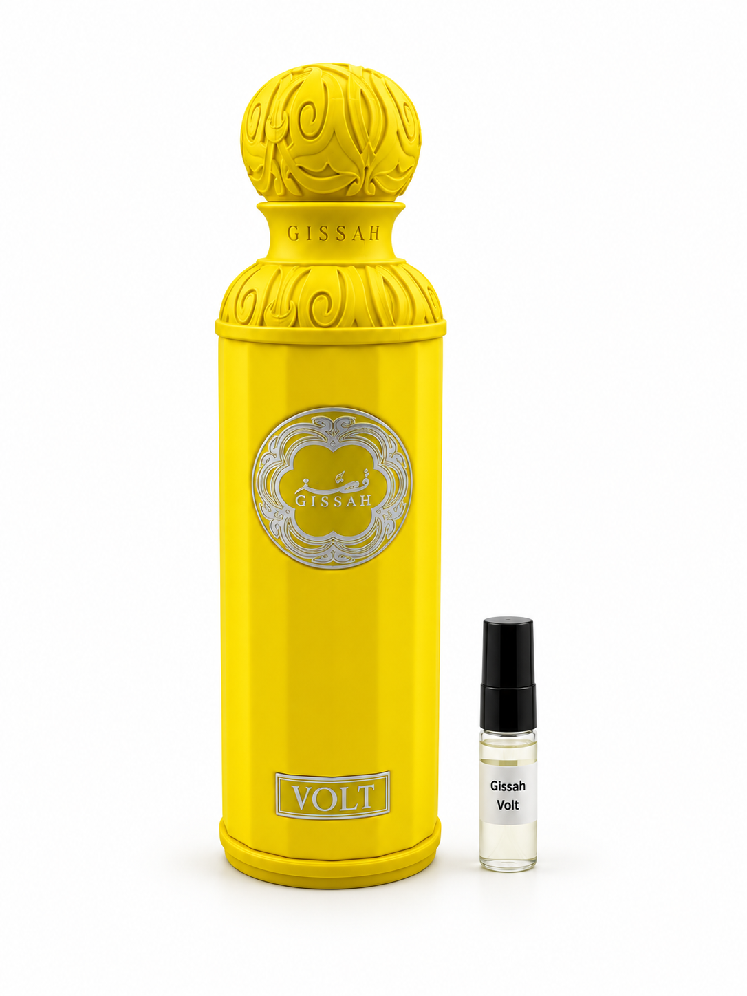 Gissah Volt fragrance bottle and black-capped sample vial on white