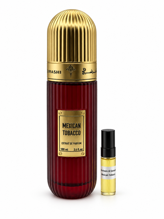 Ibrahim Al Qurashi Mexican Tobacco fragrance bottle and black-capped sample vial on white