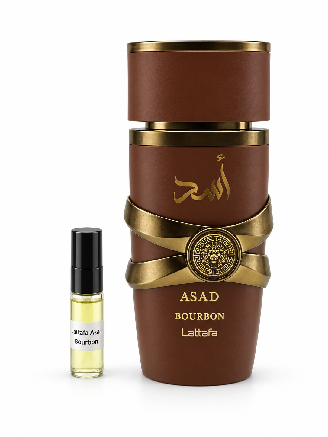 Lattafa Asad Bourbon fragrance bottle and black-capped sample vial on white