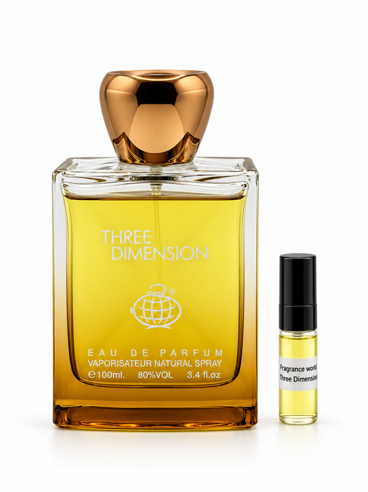 Fragrance World Three Dimension fragrance bottle and black-capped sample vial on white