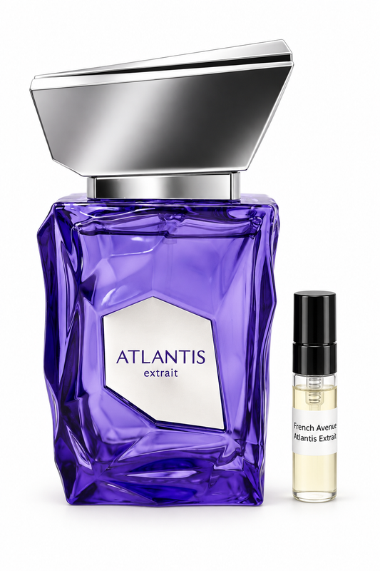 French Avenue Atlantis Extrait fragrance bottle and black-capped sample vial on white