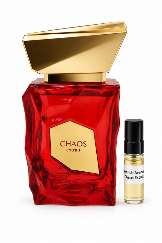 French Avenue Chaos Extrait fragrance bottle and black-capped sample vial on white