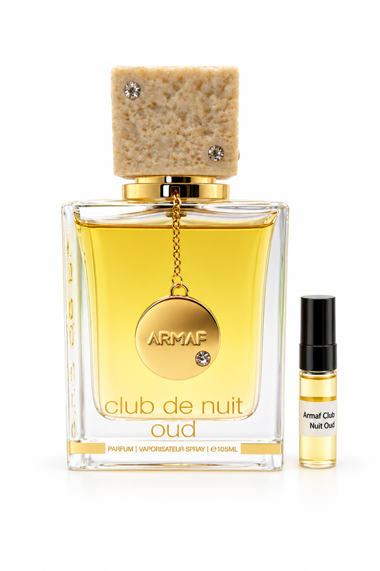 Armaf Club De Nuit Oud fragrance bottle and black-capped sample vial on white