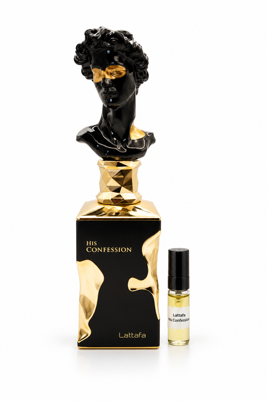 Lattafa His Confession fragrance bottle and black-capped sample vial on white