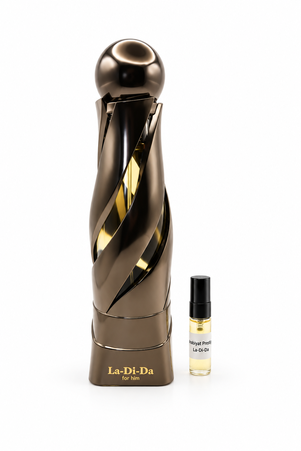 Arabiyat Prestige La Di Da fragrance bottle and black-capped sample vial on white