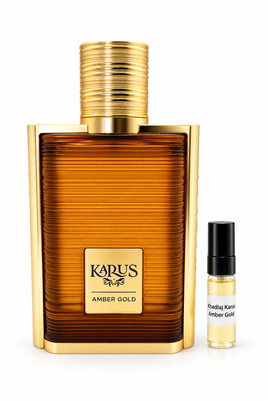 Khadlaj Karus Amber Gold fragrance bottle and black-capped sample vial on white